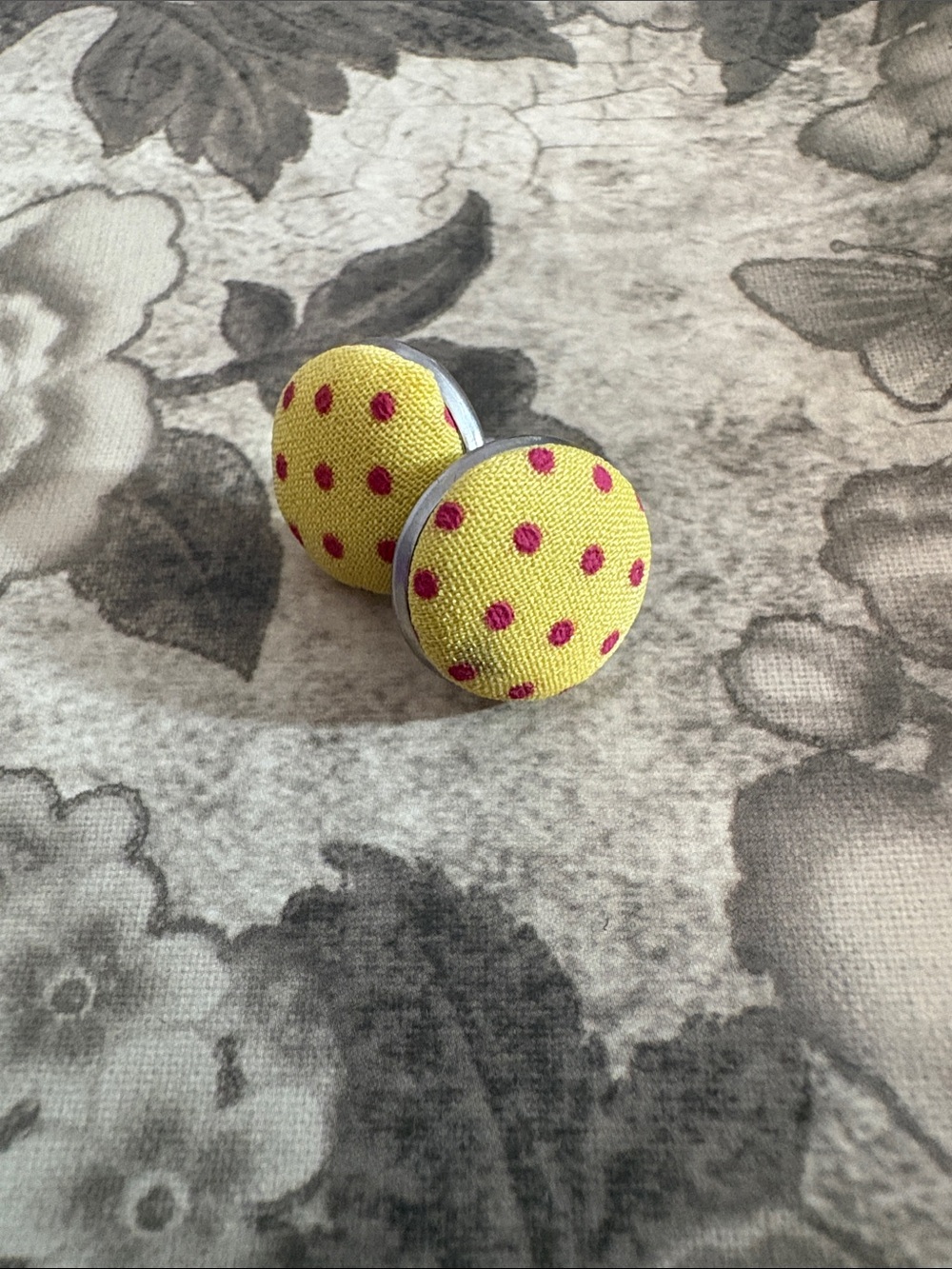 Yellow Polka Dot Fabric Button Earrings